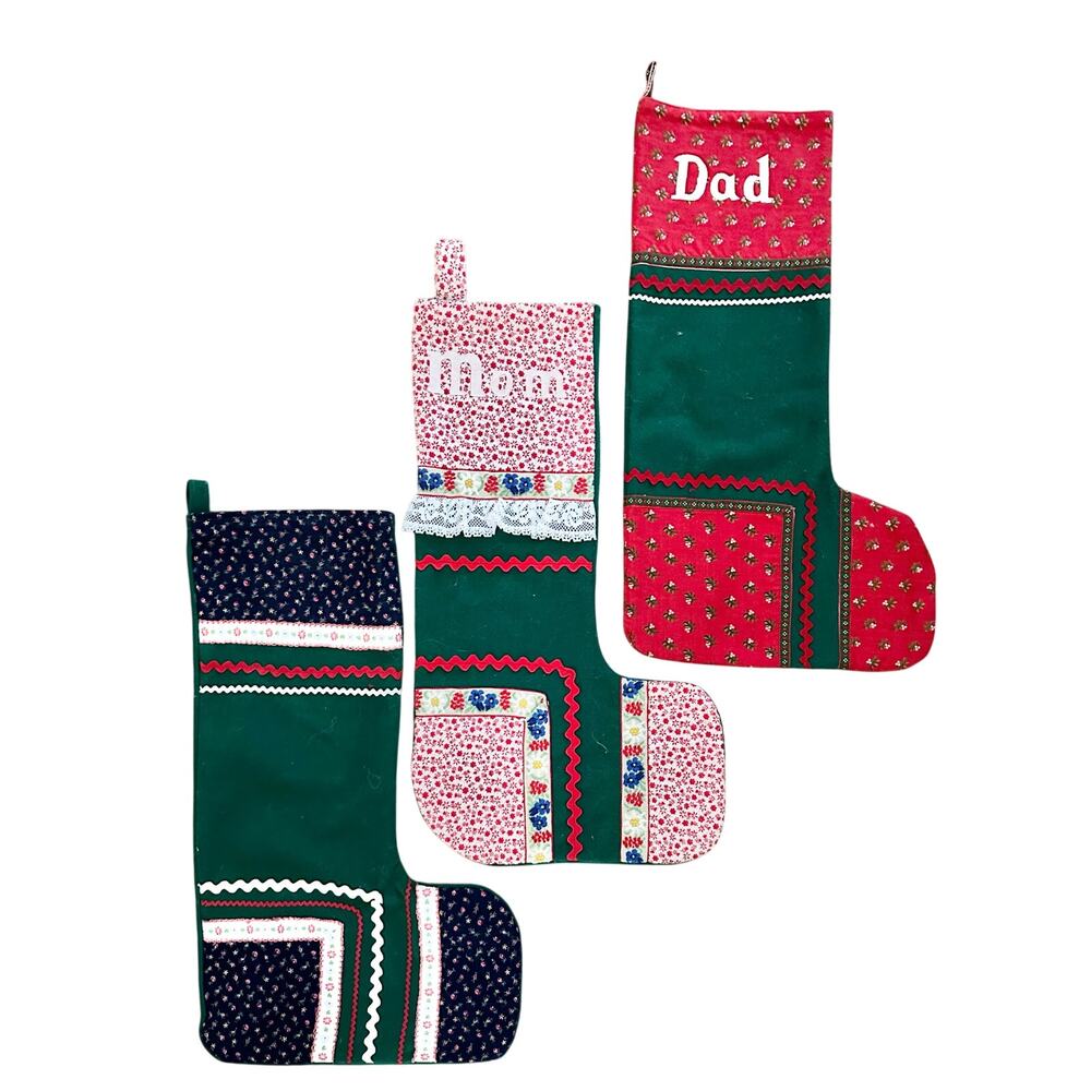 Vintage stockings family set/3 mom dad blank full size Christmas handmade retro